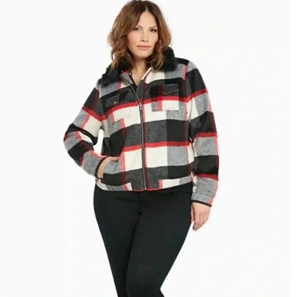 Torrid Plaid Black & Red Wool Bomber Faux Fur Collar Jacket Women's PLUS Size 2X - Picture 1 of 12